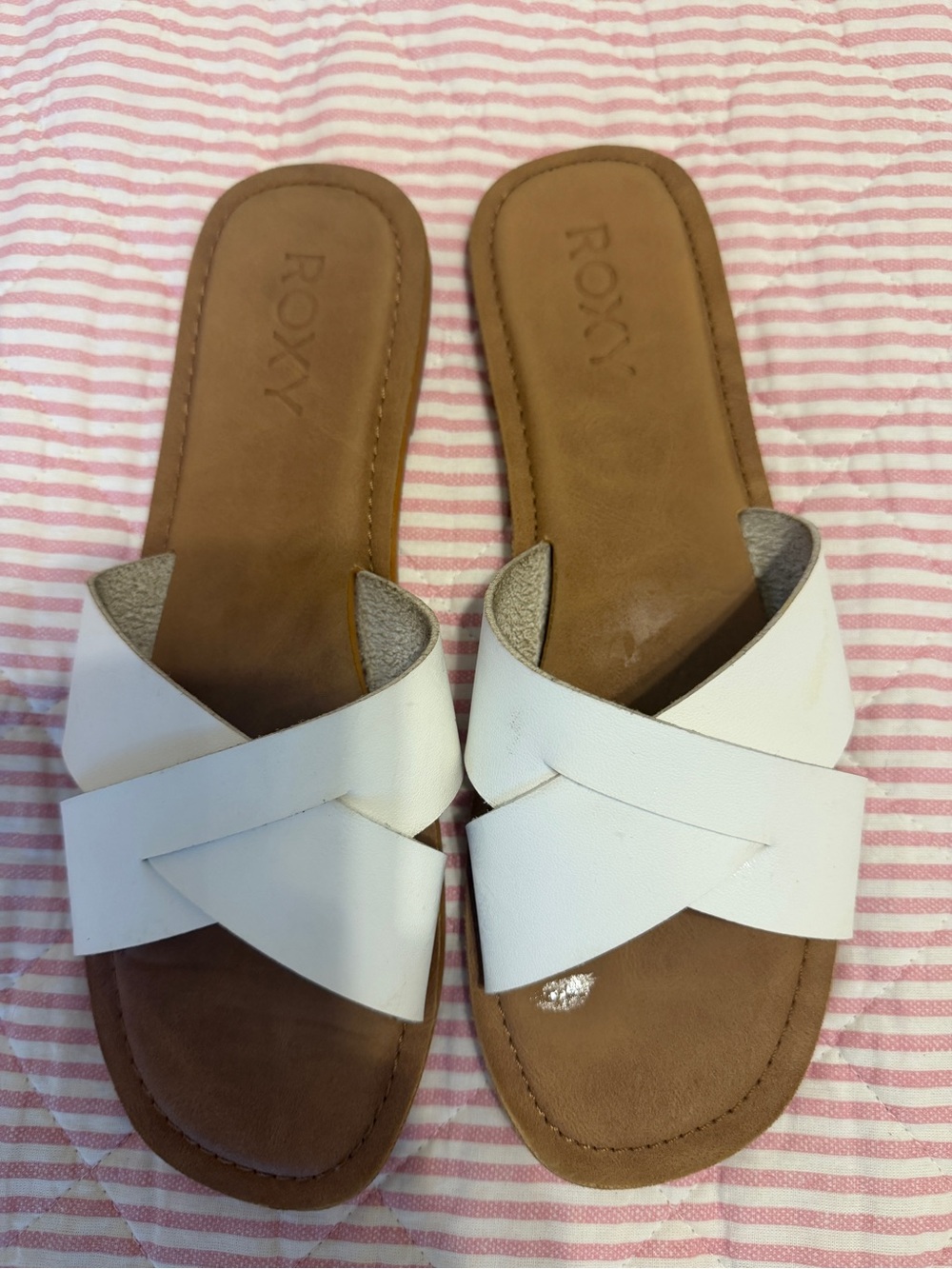 Roxy White Crisscross Slide Sandals with Tan Footbed